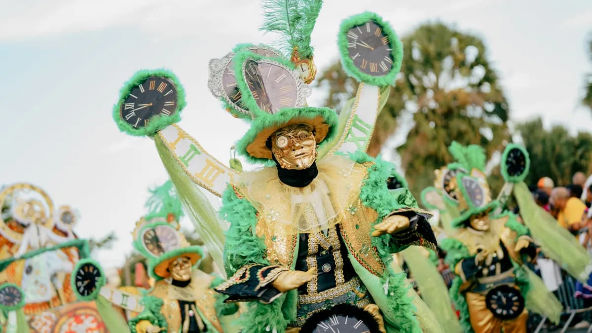 A group of people dressed in green and yellow costumes