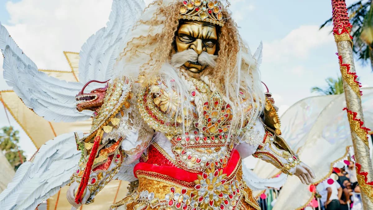 A man in a costume walking down a street