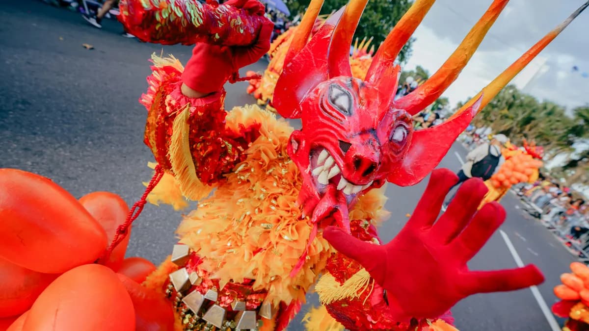 A person holding a red and yellow dragon puppet