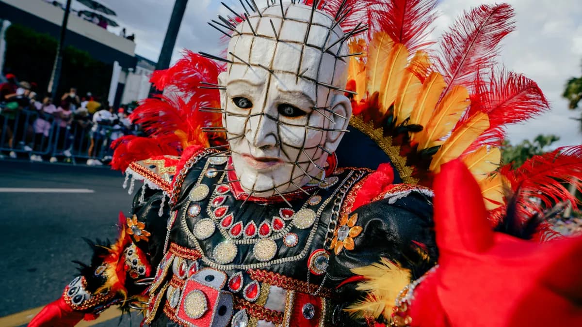 A person in a costume walking down a street